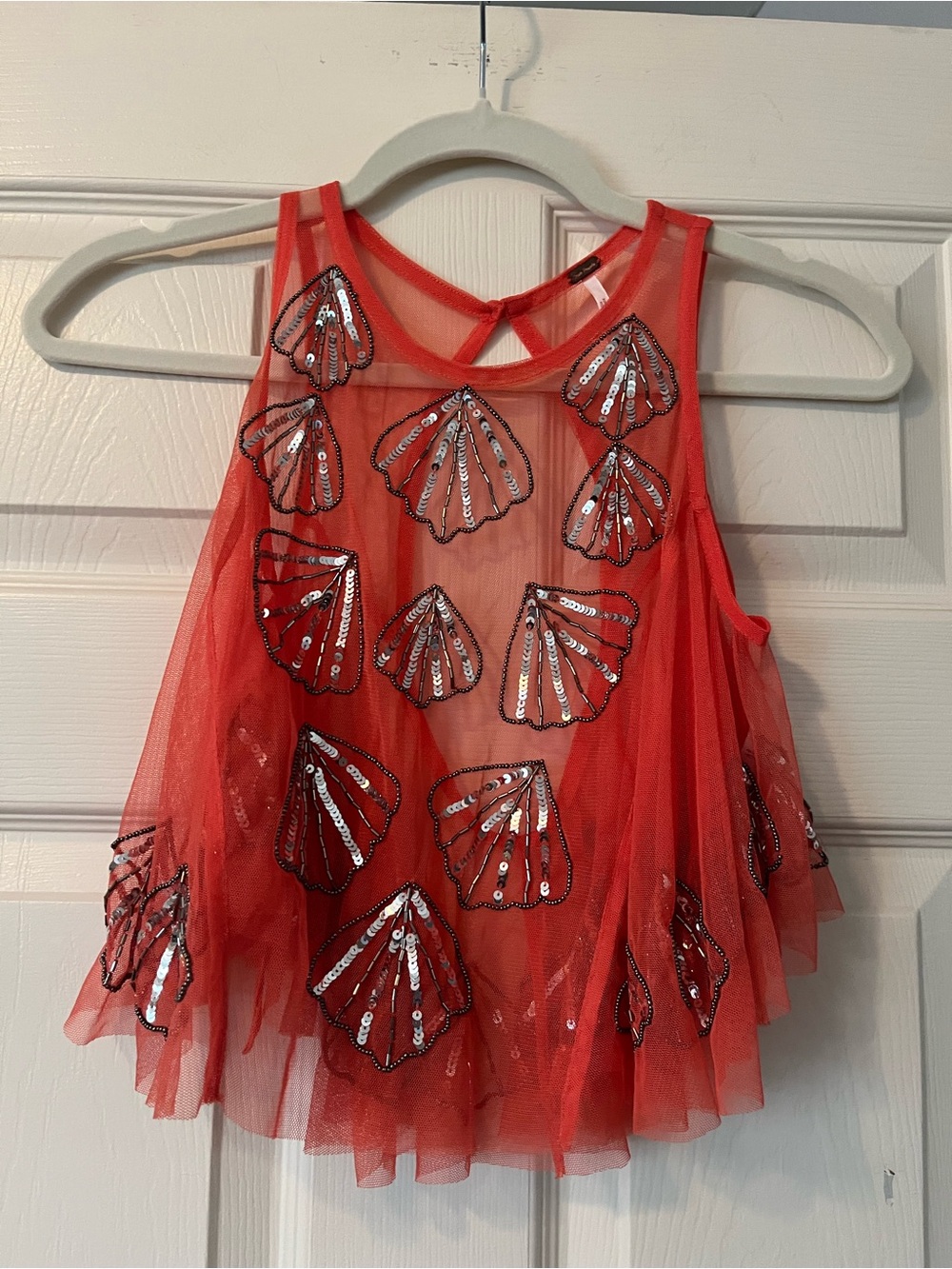 EUC Free People Tulsi Coral Sequin and Beaded Shell Mesh Tank Top. Like New - Picture 3 of 5